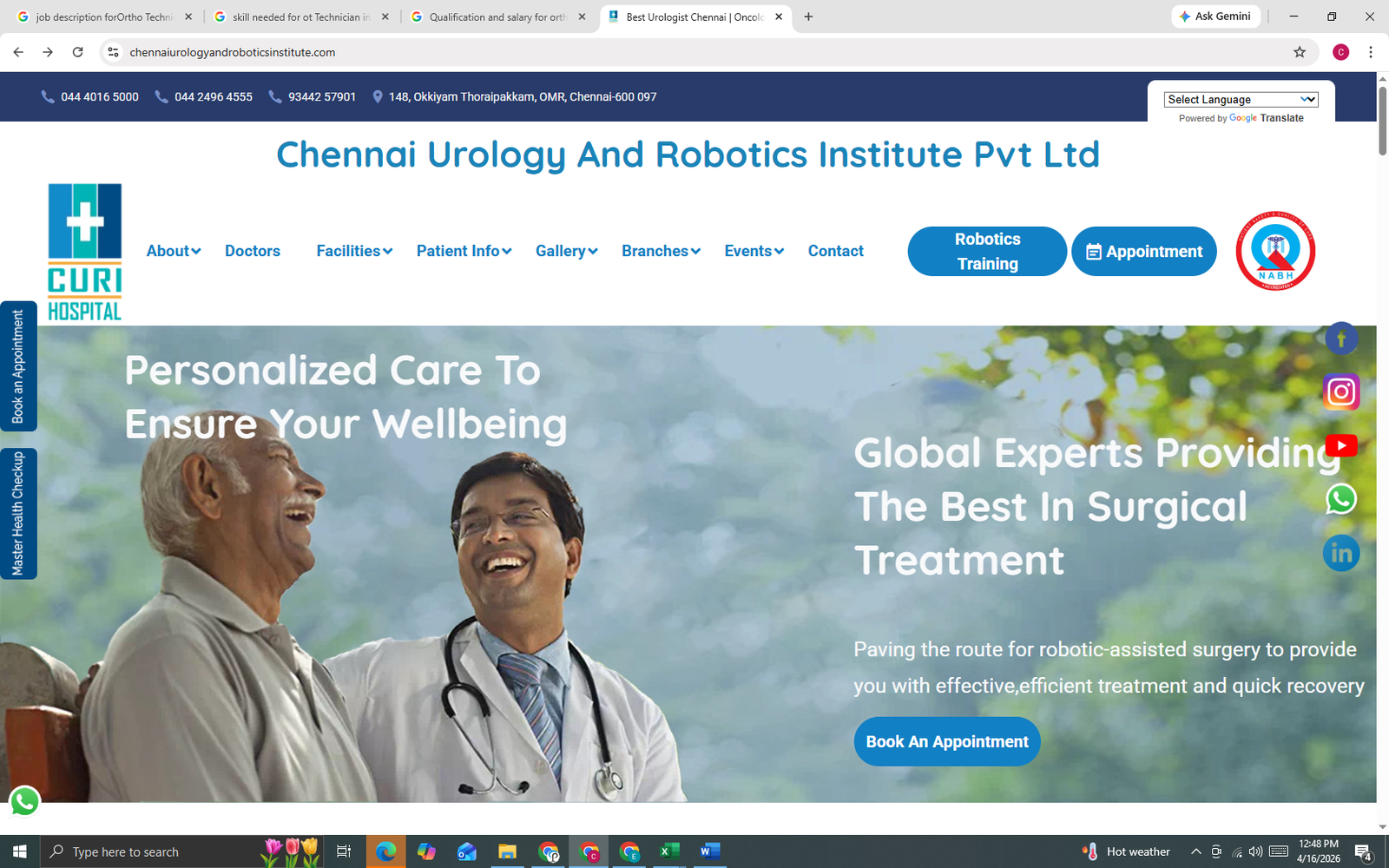 Receptionist job at Chennai Urology and Robotics Institute Hospital